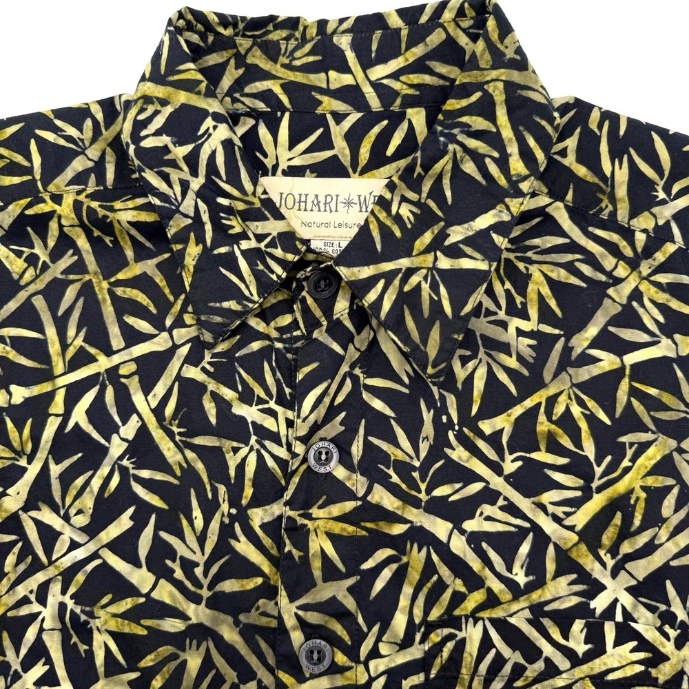 Johari West Button Down Mens Large Black Green Bamboo Batik Hawaiian Shirt